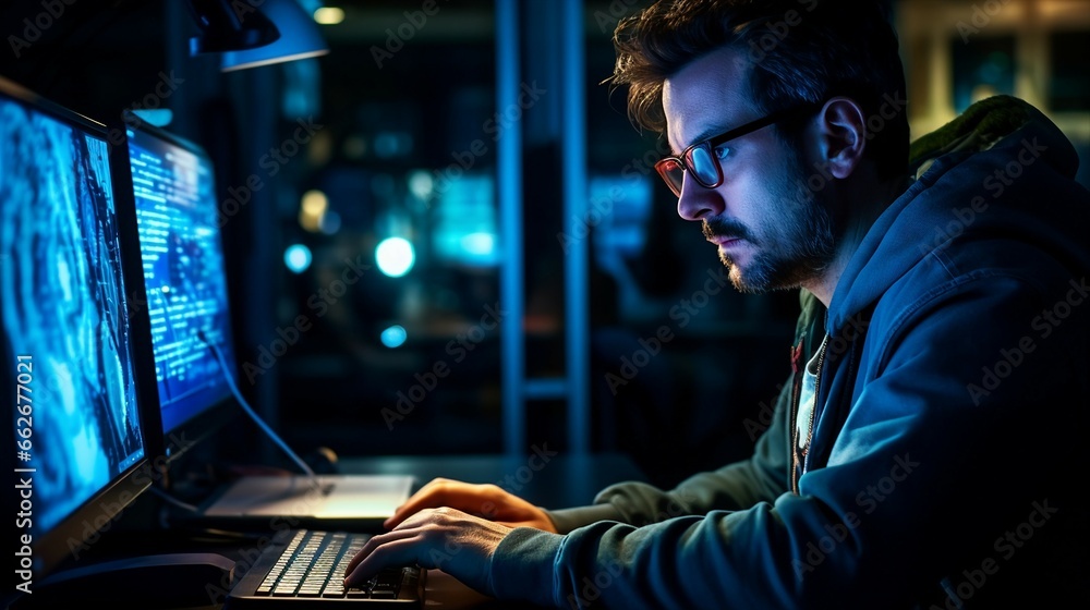 A developer working at a computer or laptop emphasizing cybersecurity, data privacy, and ethical hacking. A developer working at a computer or laptop emphasizing cybersecurity, data privacy, and ethical hacking.