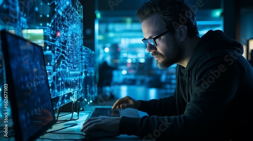 A developer at a computer or laptop focusing on cybersecurity, data privacy, ethical hacking, etc. © Mina