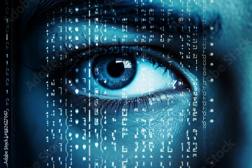 Close up of one female eye reflecting technology and blended with coding number, symbolizing the concept of cyber security