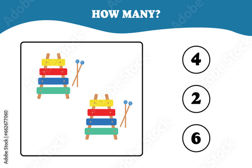 How many xylophone are there? Educational math game for kids. Printable worksheet design for preschool or elementary kids. Activities for children.