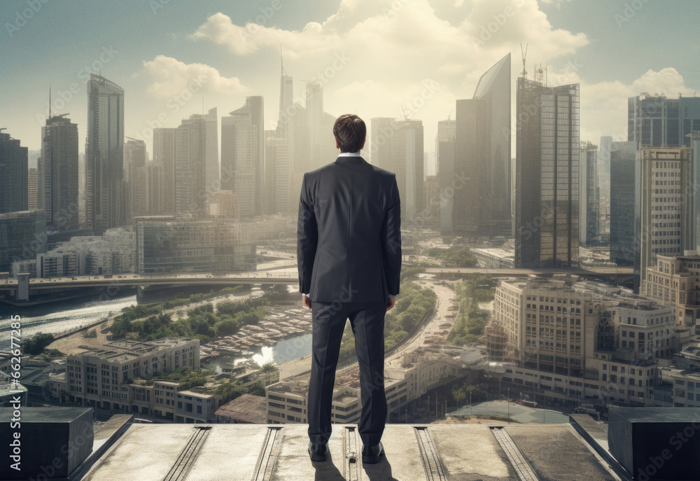 Businessman in suit standing in the city