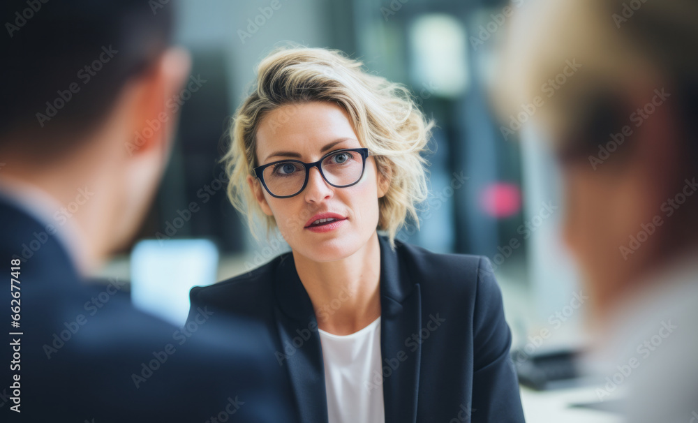 a business woman solves cases in the office. Business concept. generative ai. a business woman solves cases in the office. Business concept. generative ai.