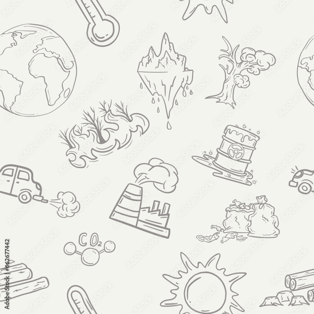 Seamless pattern with symbols and icons of global warming, climate change and environmental pollution