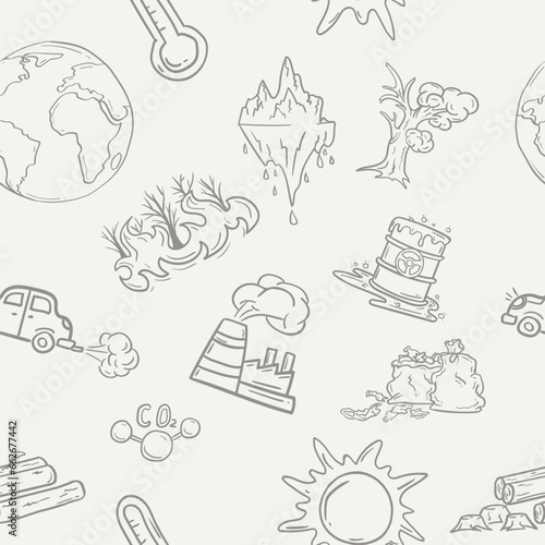 Seamless pattern with symbols and icons of global warming  climate change and environmental pollution