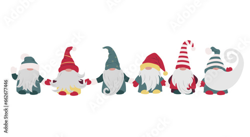 Cute little cartoon gnomes holding hands. Christmas dwarf woman, leprechaun, elf