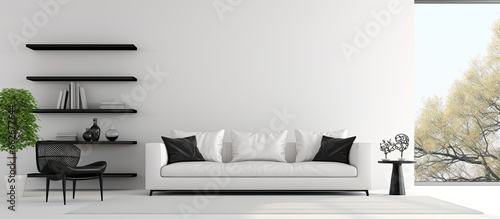Black furnished white living room with window With copyspace for text © 2rogan