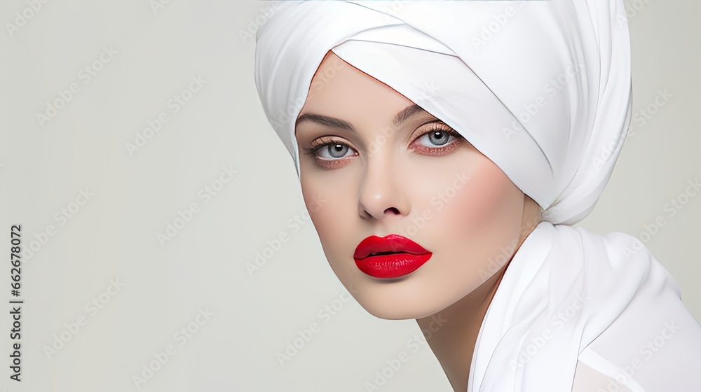 Model displaying a bold red lip, emphasizing the contrast, set against a minimalist white background Model displaying a bold red lip, emphasizing the contrast, set against a minimalist white background