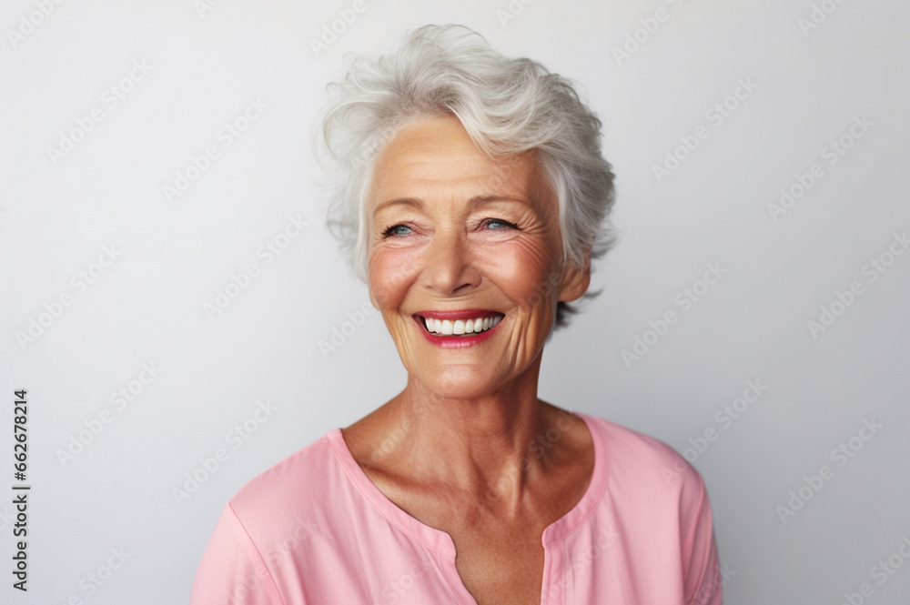 Portrait of attractive elderly happy laughing woman with gray hair over gray background. AI generated Portrait of attractive elderly happy laughing woman with gray hair over gray background. AI generated