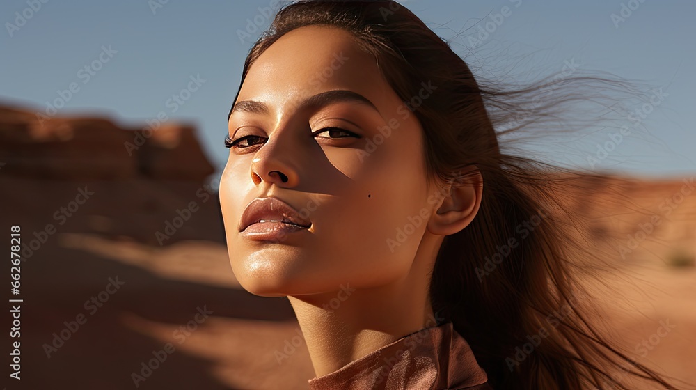 Model with an earthy and organic makeup look, emphasizing the natural beauty, set against a desert landscape Model with an earthy and organic makeup look, emphasizing the natural beauty, set against a desert landscape