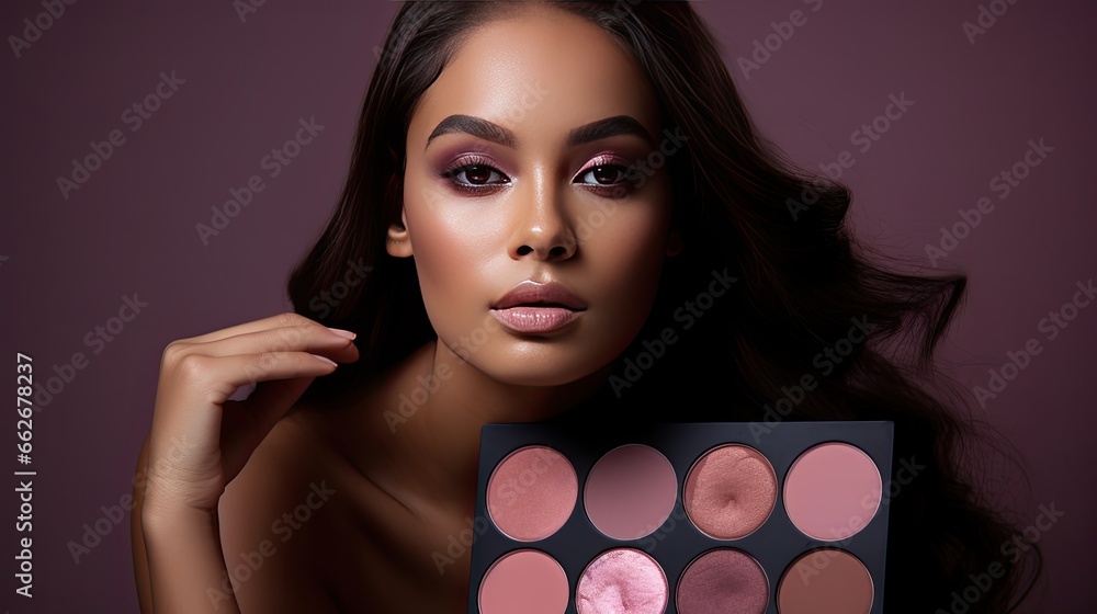 Fototapeta premium Model with a monochromatic makeup palette, set against a backdrop of the same color scheme