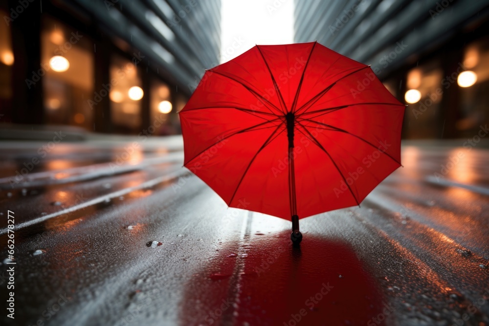a red umbrella turned inside out in the rain