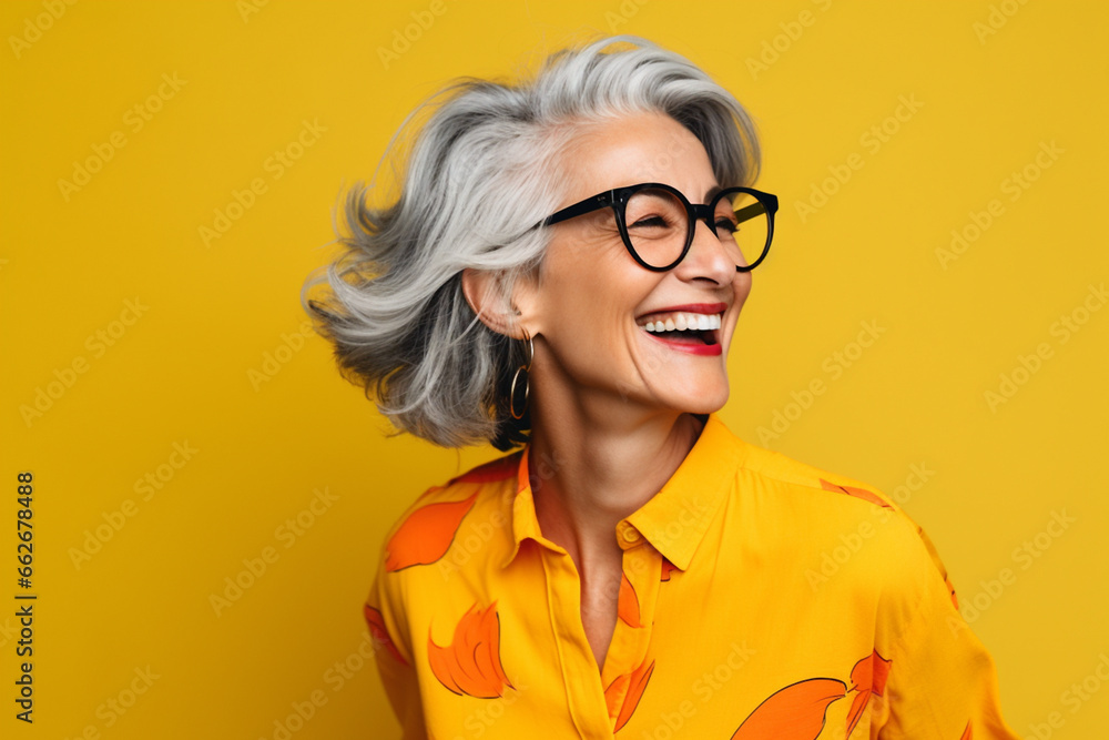 Portrait of attractive elderly happy laughing woman with gray hair wearing glasses over yellow background. AI generated