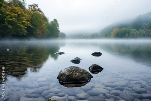 calm river with stones and soft fog in the background