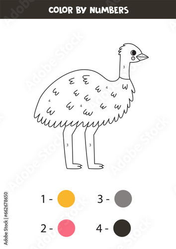 Color cartoon emu ostrich by numbers. Worksheet for kids.