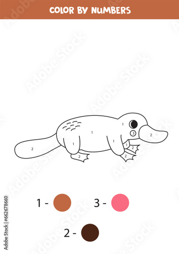 Color cartoon brown platypus by numbers. Worksheet for kids.