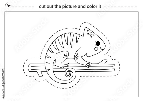 Cutting practice for kids. Black and white worksheet. Cut out cartoon chameleon.