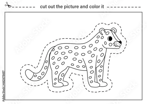 Cutting practice for kids. Black and white worksheet. Cut out cartoon cheetah.