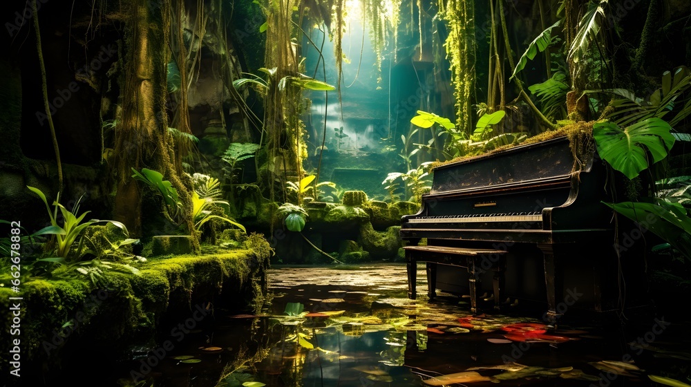 A piano in a sunken antique jungle city