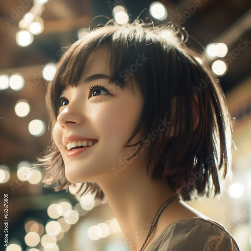 looking up at the camera,japanese girl,photographic,short hair,smiling, whole body
