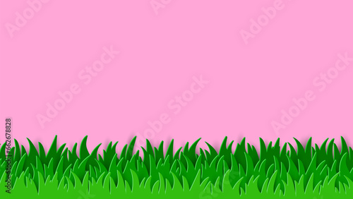 Pink background with green grass field. Papa cut design. Vector illustration