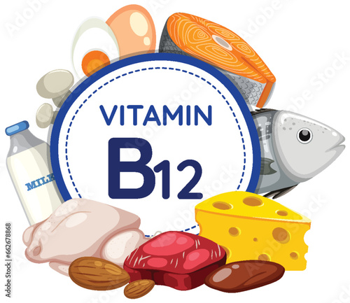 Vitamin B12 Icon Banner with Food and Fruit