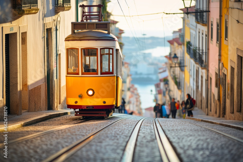 funicular on city streets in background of tourist. Travel concept of vacation and holiday. 