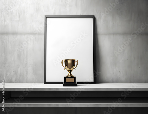 Realistic Golden Trophy For Winner And Photo Frame On A Shelf