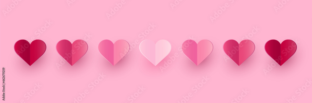 Paper hearts on pink background. Concept of a banner for Valentine’s Day, Mother’s Day and Women’s Day. Banner. Vector illustration