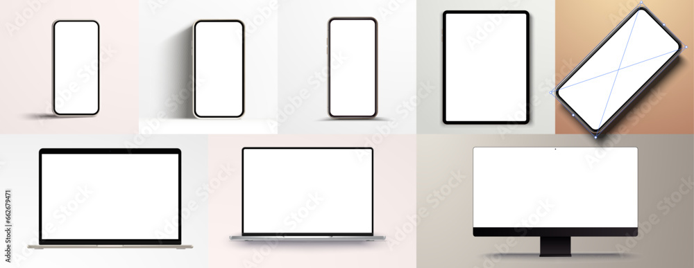 Modern Digital Device Collection: Smartphones, Tablets, and Desktop Monitor Illustrations. Modern Digital Device Collection: Smartphones, Tablets, and Desktop Monitor Illustrations.