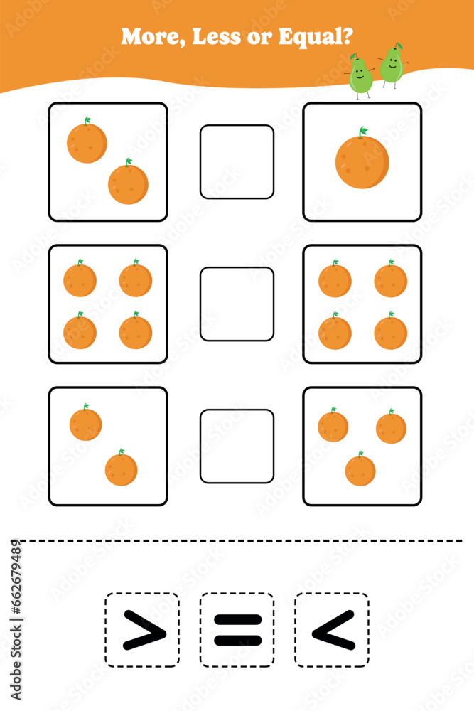 More less or equal. Educational math game for kids. Printable worksheet design for preschool, kindergarten or elementary students. Activity page for children.