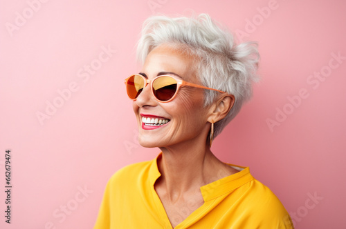 Portrait of attractive elderly happy laughing woman with gray hair wearing sunglasses over pink background. AI generated