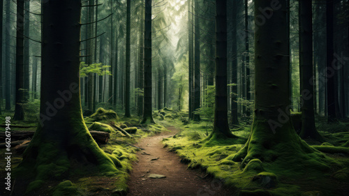 Mysterious dark forest with pathway and mossy tree trunks