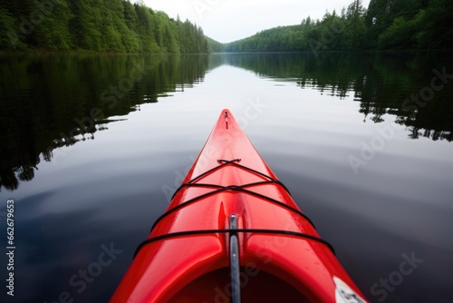 red kayak bow through still lake water © altitudevisual