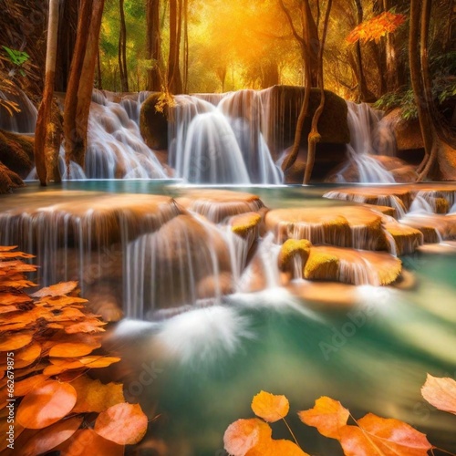 amazing of huay mae kamin waterfall in colorful autumn forest at Kanchanaburi  thailand
