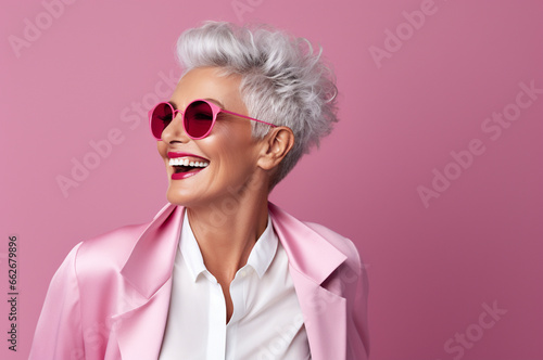 Portrait of attractive elderly happy excited laughing woman with gray hair wearing sunglasses over pink background. AI generated © Khorzhevska