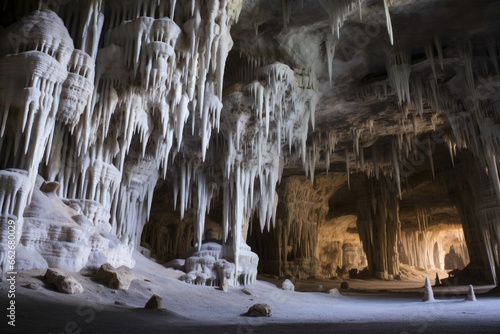 wide-angle shot of a cave room with visible stalactites and stalagmites