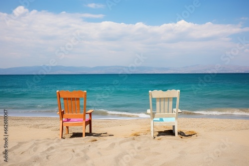 two empty chairs facing a beautiful beach view © altitudevisual