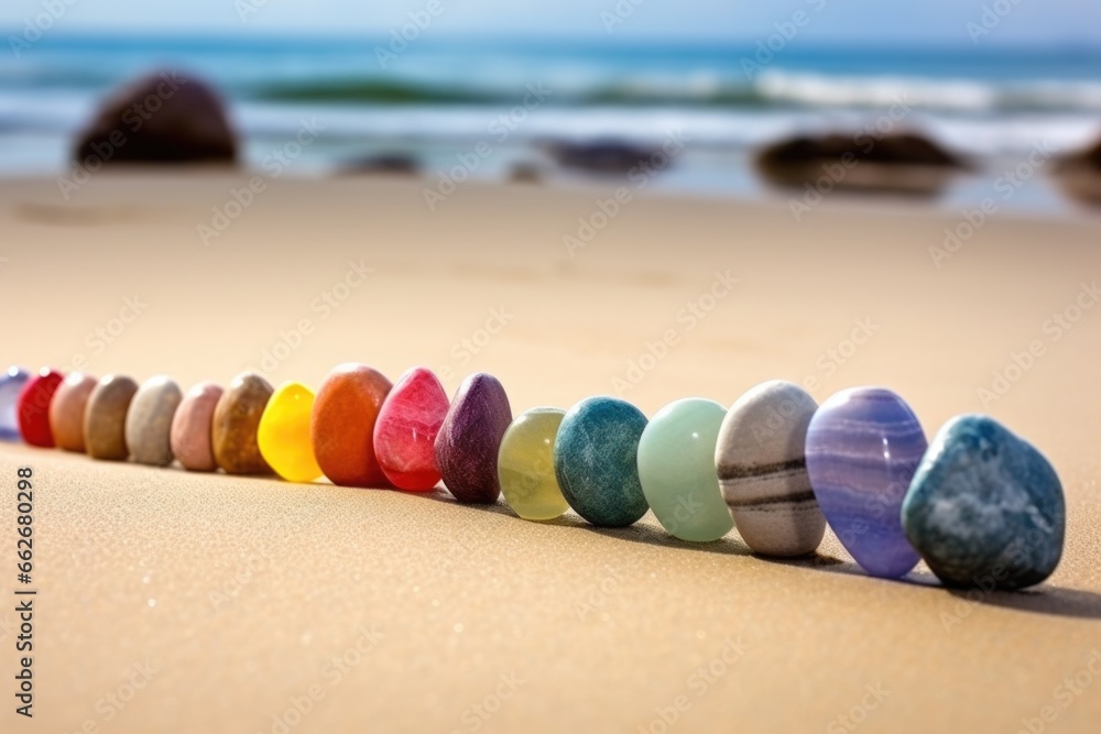 round stones aligned vertically on sand, colored to match chakras - obrazy, fototapety, plakaty 