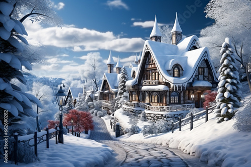 The roofs of the wood houses and street are covered in snow, Christmas scene, photo realistic © Sirichai Puangsuwan