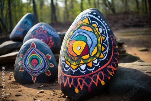 large rocks with mantras painted onto them