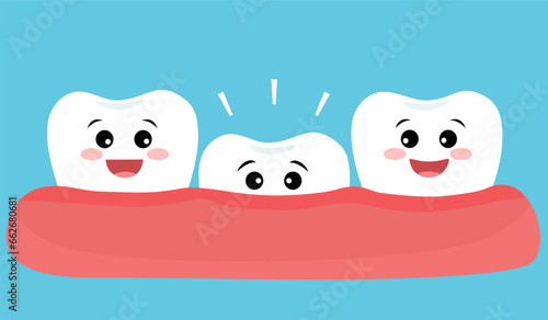 Cute baby, milk or primary tooth growing up cartoon character in flat design.