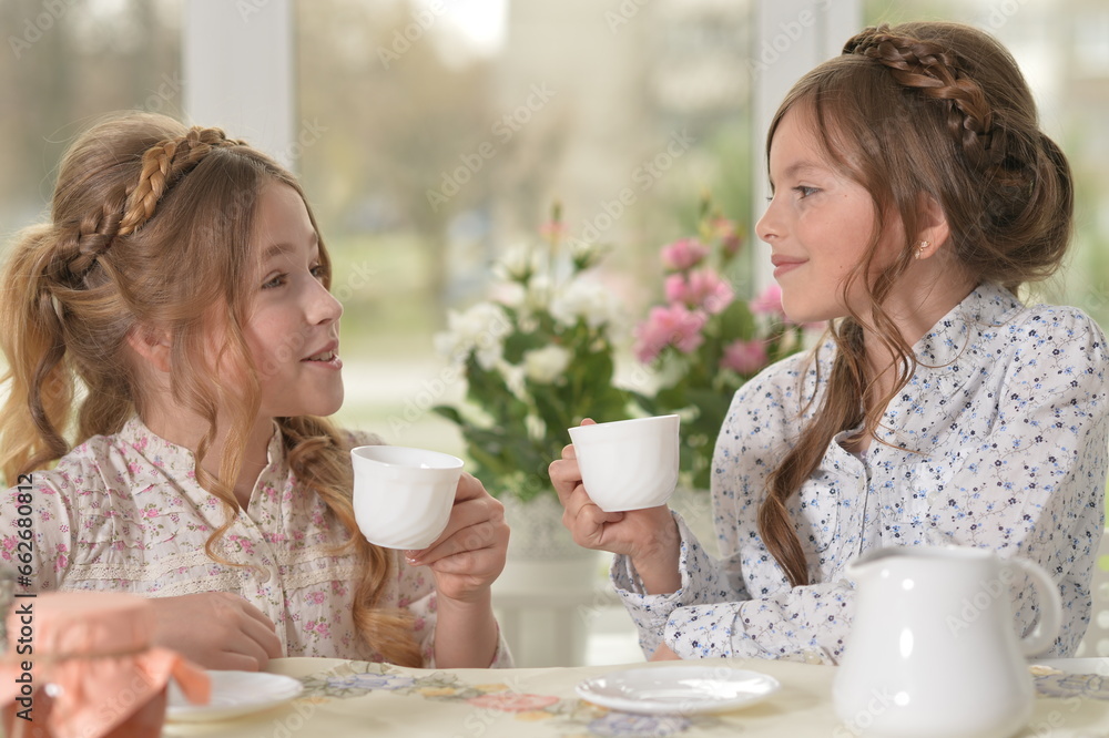Portrait of two smiling little girls drinking tea at home Portrait of two smiling little girls drinking tea at home