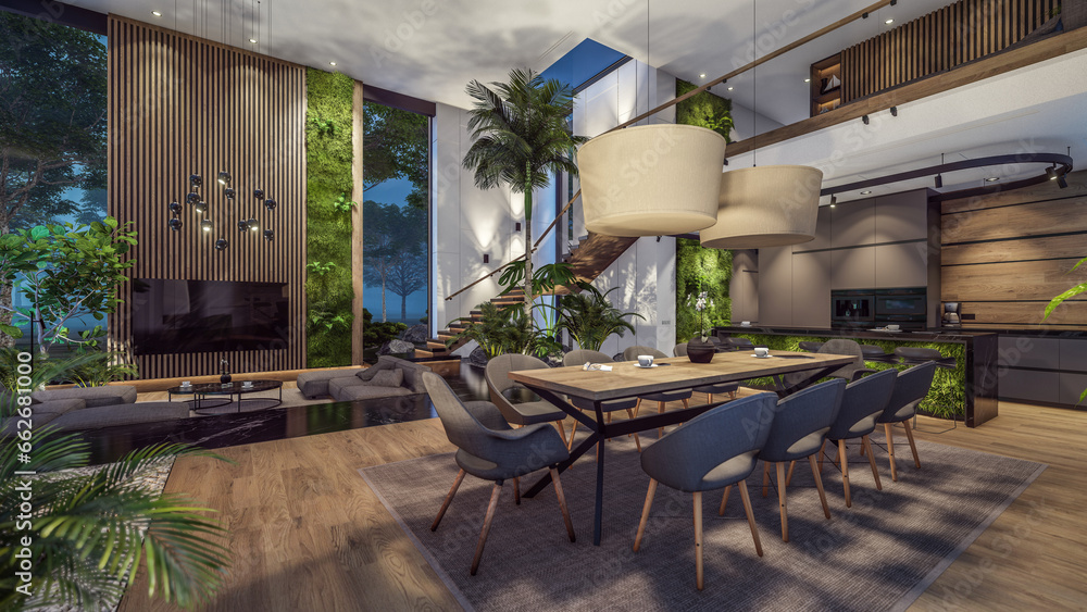 3d rendering of expensive cozy interior with green walls with living dining zone stair and kitchen for sale or rent. Warm interior lightinrendering of expensive cozy interior with green walls in night
