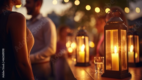 Close up romatic or corporate summer evening in open-air bar with lanterns lights and blurred background photo