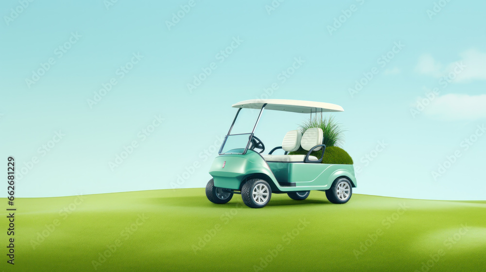 Golf cart on golf course with green grass field with blue sky and trees