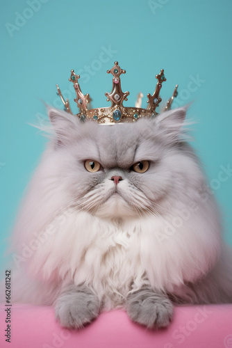 Angry looking Persian cat with crown on pastel blue background. photo