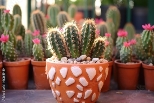 blooming heart-shaped cactus in a terracotta pot