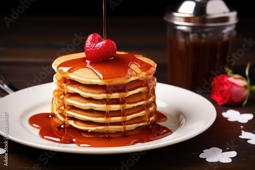 multi-layered heart-shaped pancake stack with honey drip © altitudevisual