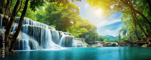 tropical waterfall lagoon on sunny day