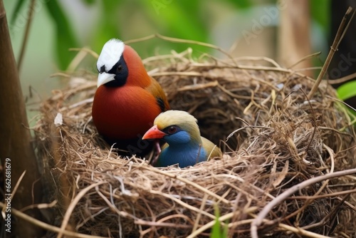 two different kinds of birds constructing a nest together